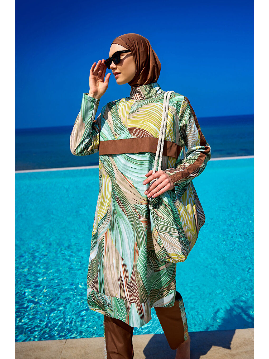 Haki Tam Kapalı Tesettür Mayo Plaj Çantalı 4 Parça Set R2512-1