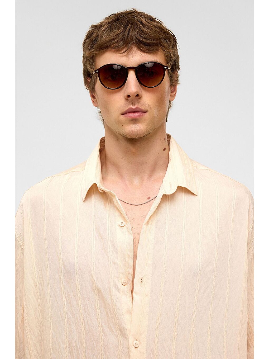 Oversize Çizgili Kısa Kollu Modal Kumaş Gömlek Bej-3