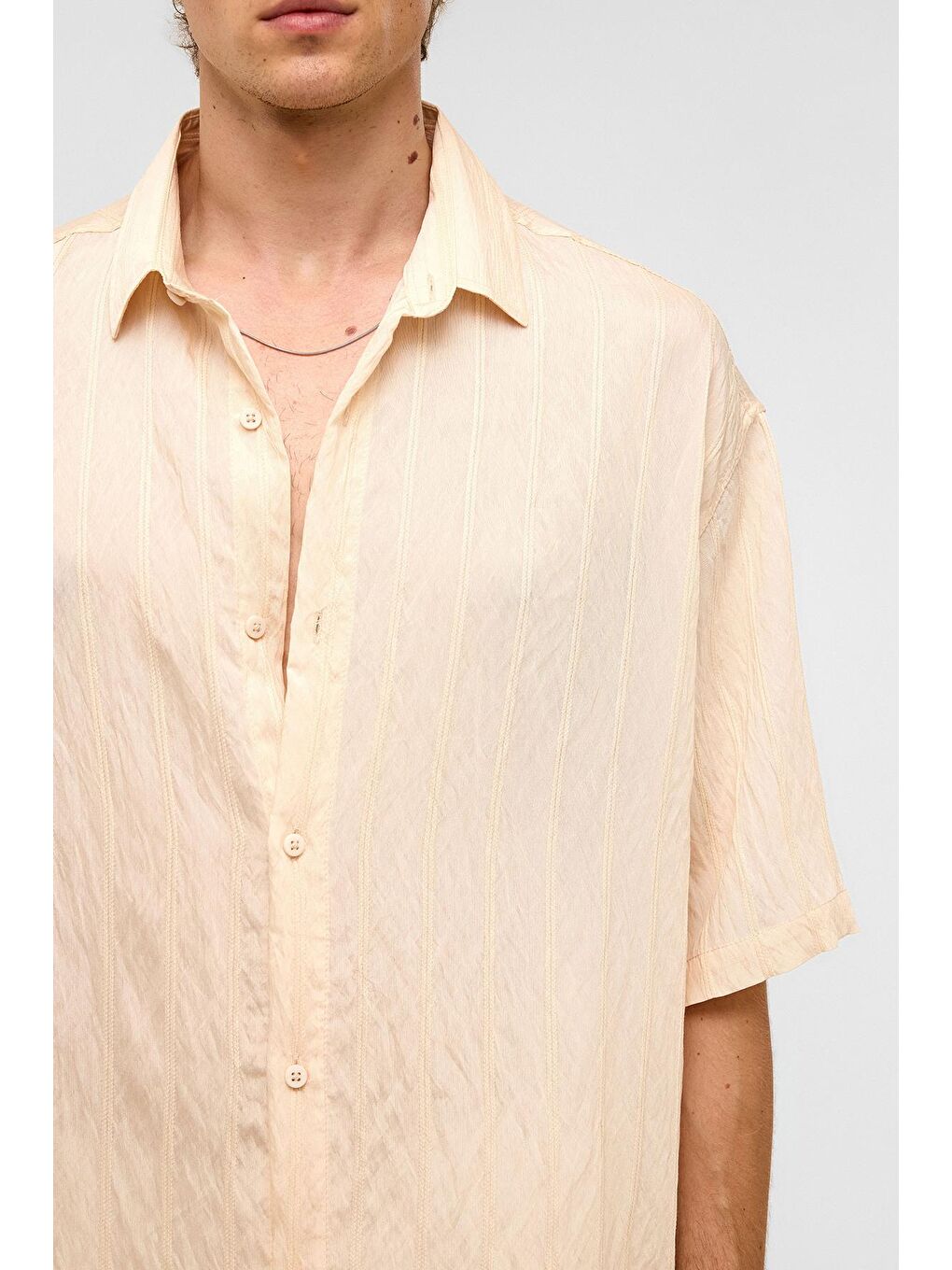 Oversize Çizgili Kısa Kollu Modal Kumaş Gömlek Bej-4