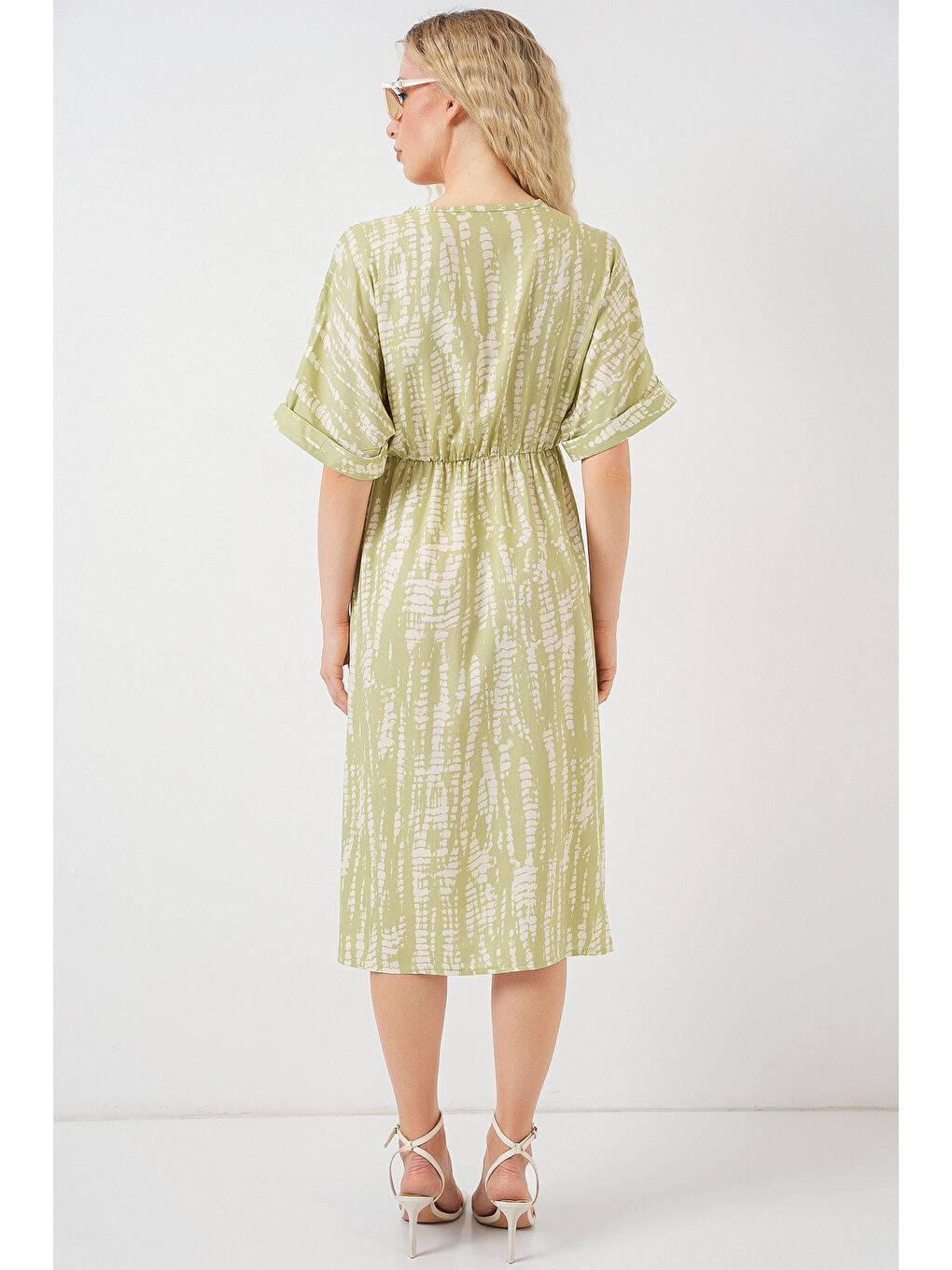 Kadın Desenli Kısa Kol Elbise 2569 - E.Yeşil-5