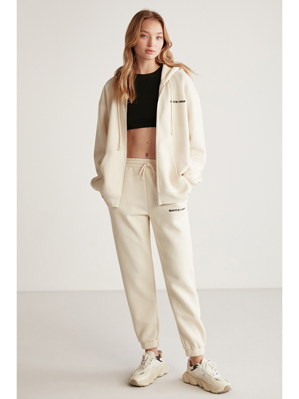 Bej Ametıs Kadın Oversize Organik Pamuklu Metal Fermuarlı Kapüşonlu Vanilya Sweatshirt-2