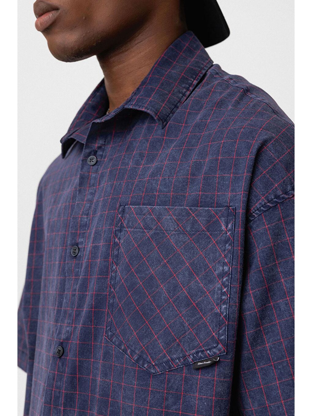 Oversize Cepli Kareli Kısa Kol Gömlek Lacivert-6