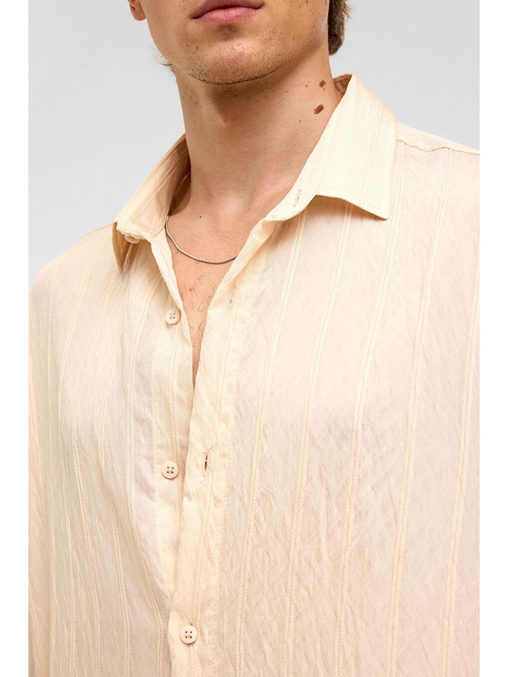 Oversize Çizgili Kısa Kollu Modal Kumaş Gömlek Bej-5