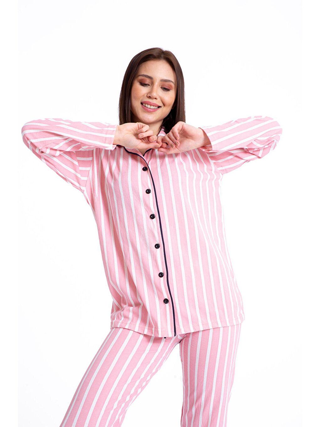 Pembe Gömlek Yaka Düğmeli Kadın Pijama Takımı 3010-1