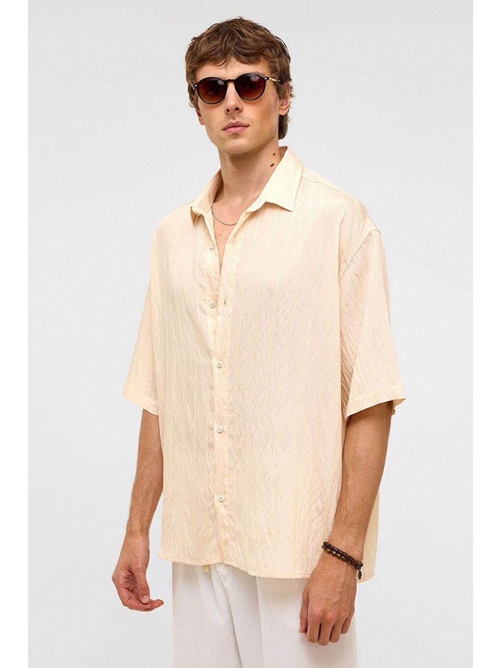 Oversize Çizgili Kısa Kollu Modal Kumaş Gömlek Bej-6