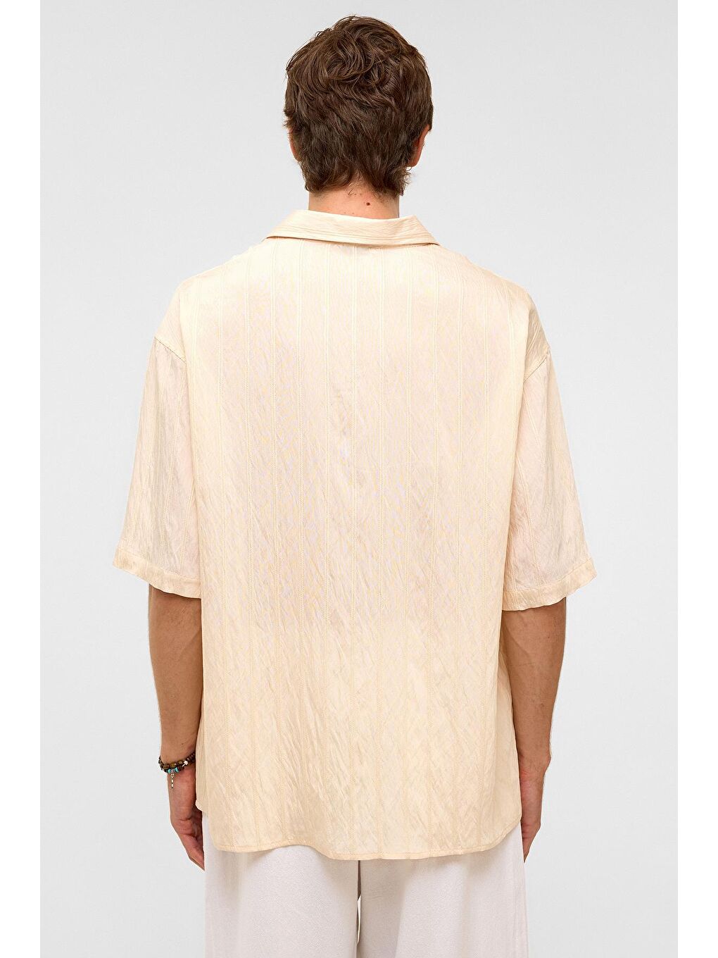 Oversize Çizgili Kısa Kollu Modal Kumaş Gömlek Bej-7
