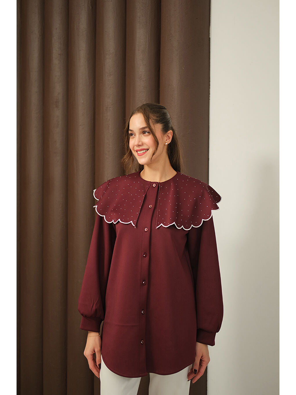 Kadın Yakası Taşlı Tunik Bordo