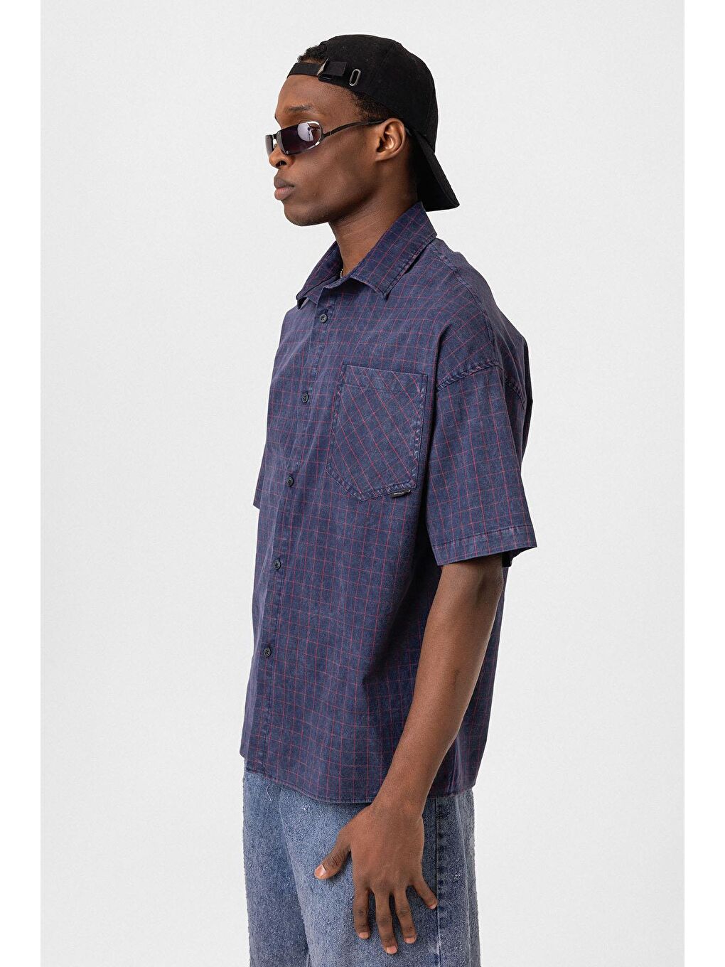 Oversize Cepli Kareli Kısa Kol Gömlek Lacivert-7