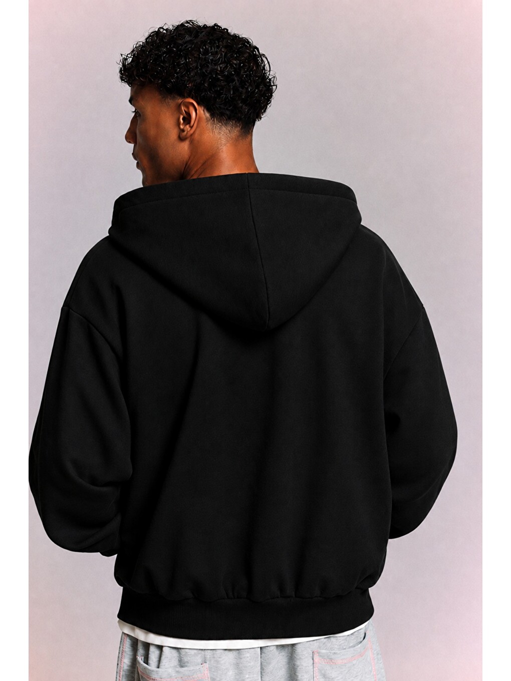 Siyah Erkek 3 İplik Şardonlu Regular Fermuarlı Kapüşonlu Sweatshirt – Kalın Kışlık Hoodie-2