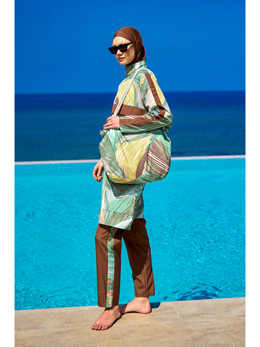 Haki Tam Kapalı Tesettür Mayo Plaj Çantalı 4 Parça Set R2512-2