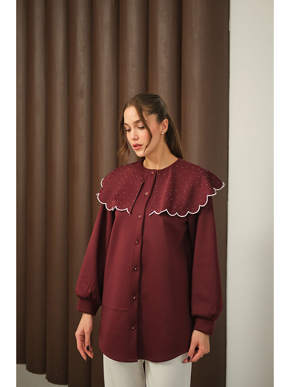 Kadın Yakası Taşlı Tunik Bordo-1