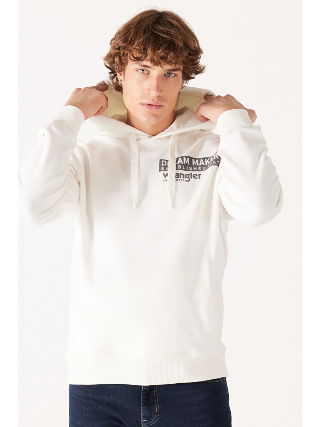 Regular Fit Normal kesim Kapüşonlu Şardonlu Kırık Beyaz Sweatshirt-1