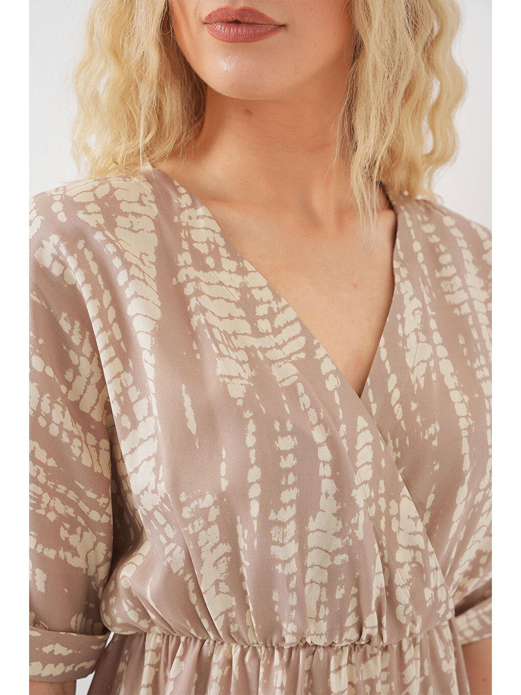 Kadın Desenli Kısa Kol Elbise 2569 - Bej-4