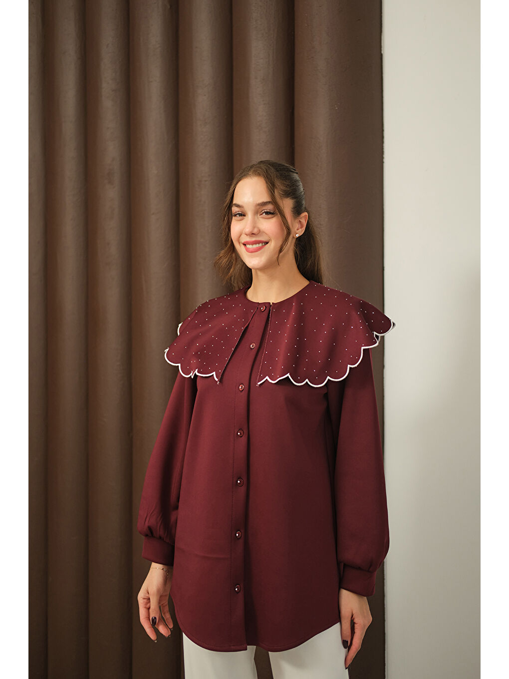 Kadın Yakası Taşlı Tunik Bordo-2