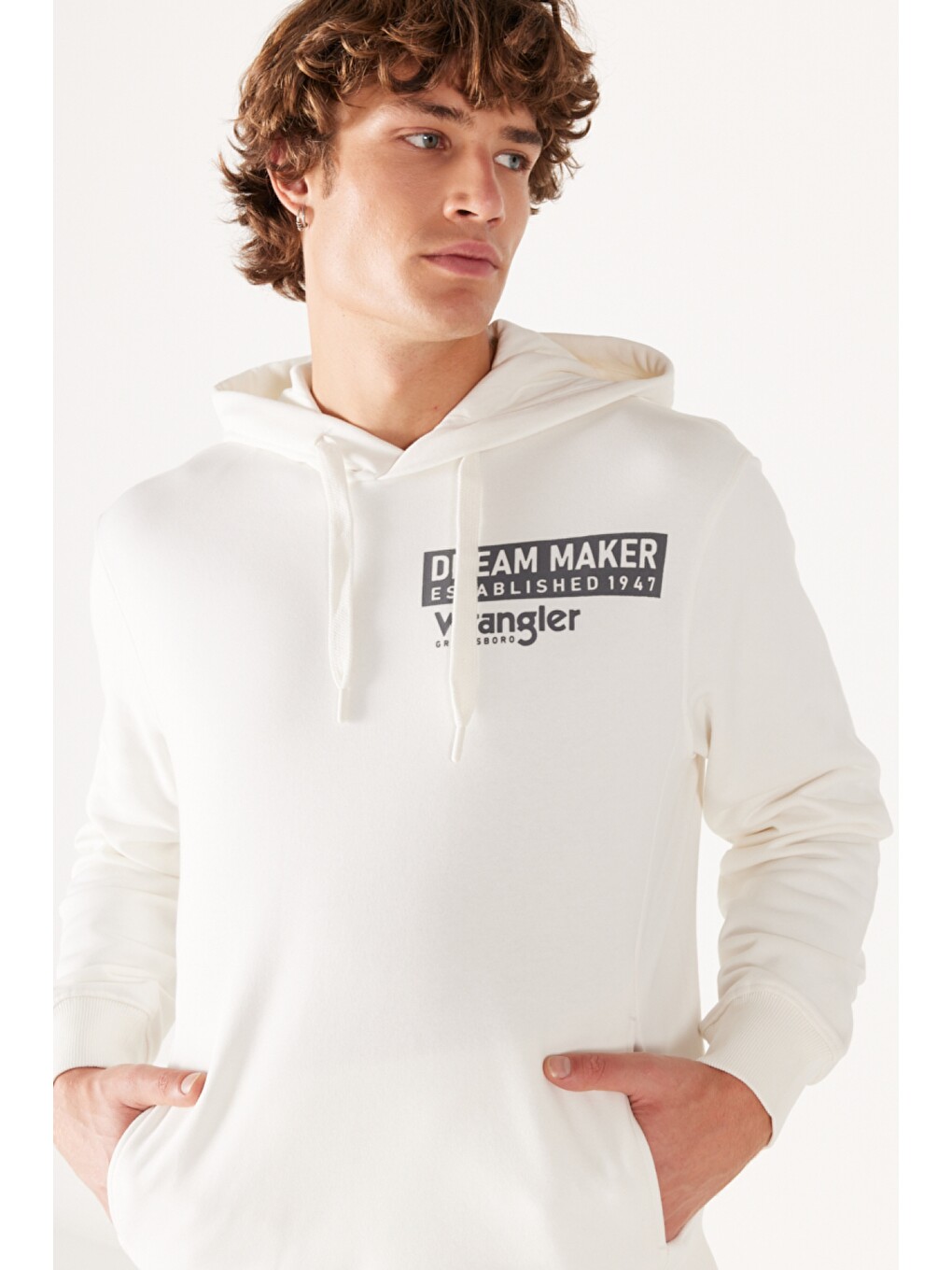 Regular Fit Normal kesim Kapüşonlu Şardonlu Kırık Beyaz Sweatshirt-2