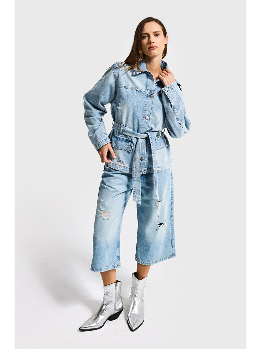Mavi Kadın Ice 12s6-32 Oversize Kemer Detaylı Yırtık %100 Pamuk Denim Ceket-1