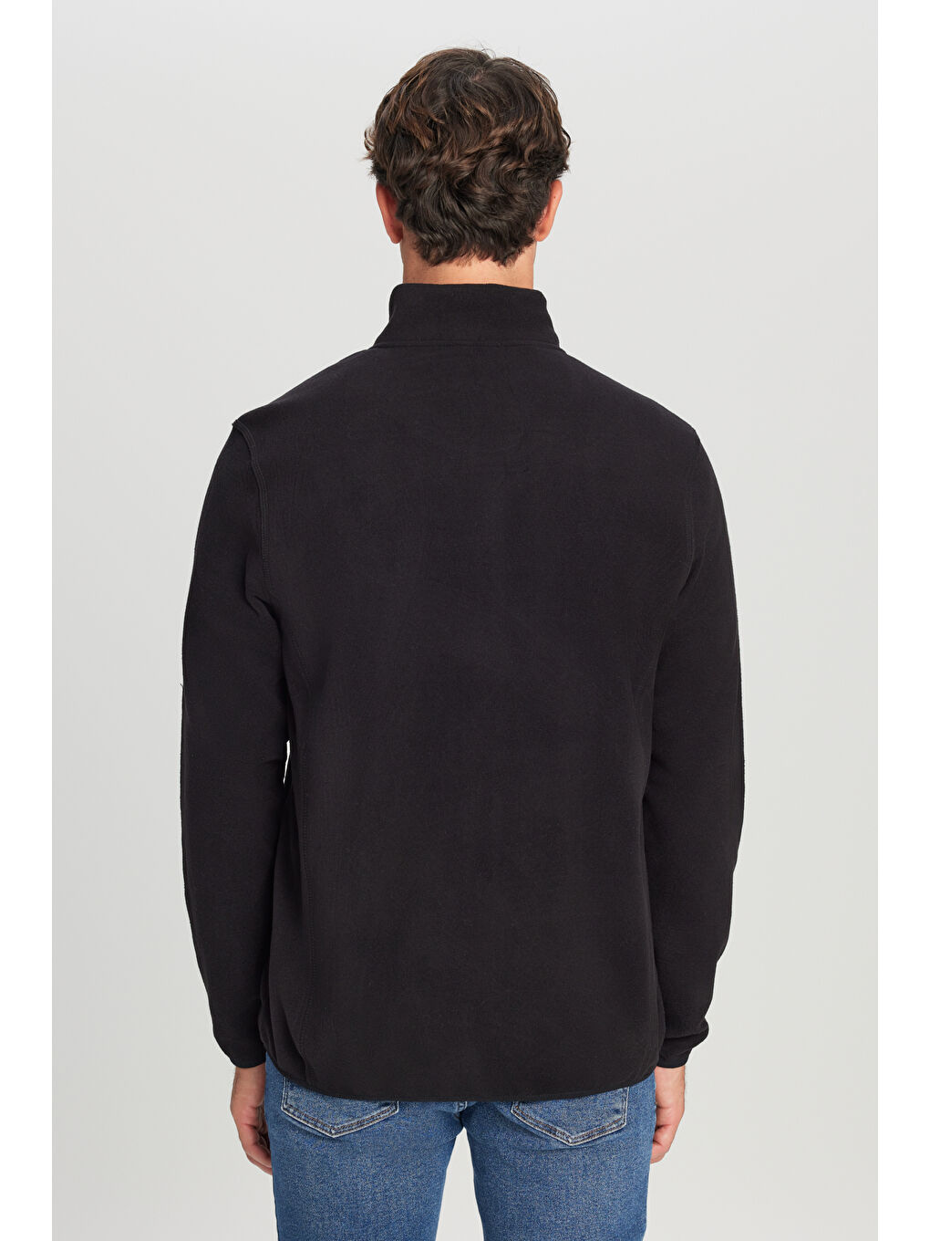 Erkek Siyah Anti-Pilling Tüylenme Yapmayan Standart Fit Bato Yaka Sweatshirt Polar Ceket-4