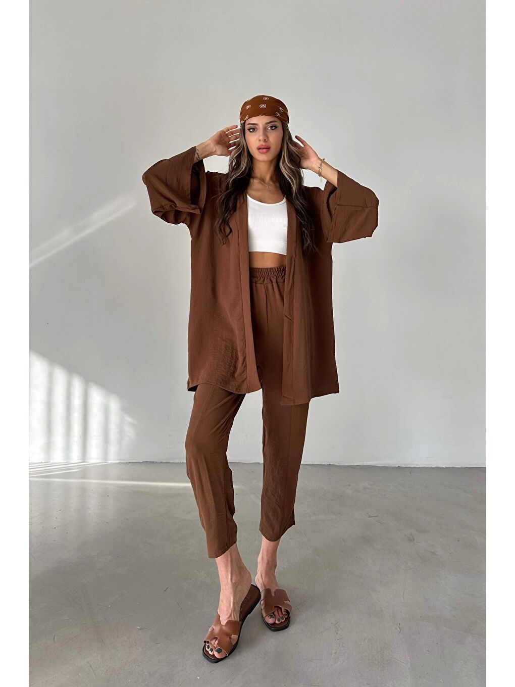 Kahverengi Kadın Kahve Kimono Takım 1018-0075-2