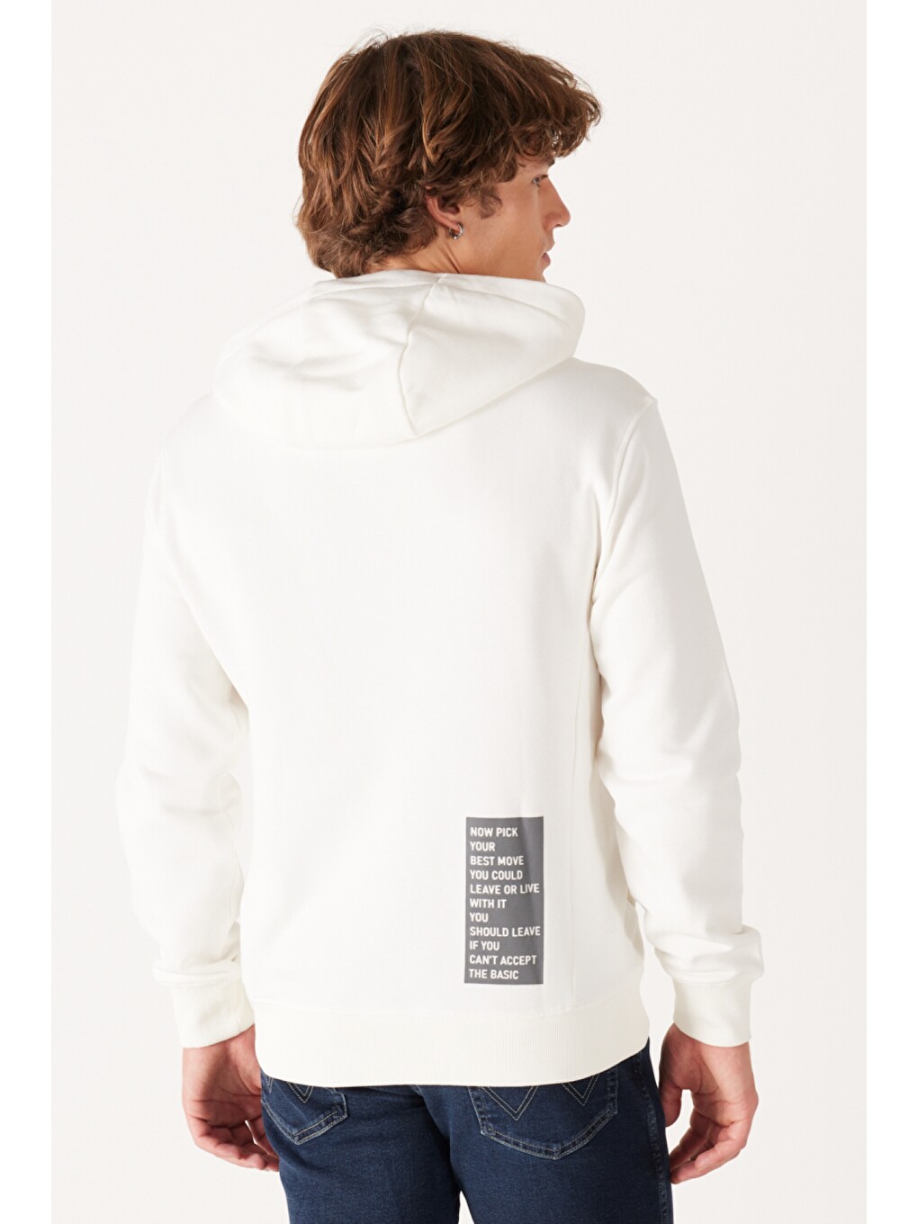 Regular Fit Normal kesim Kapüşonlu Şardonlu Kırık Beyaz Sweatshirt-4