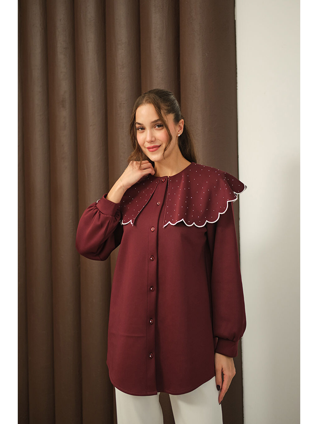 Kadın Yakası Taşlı Tunik Bordo-3