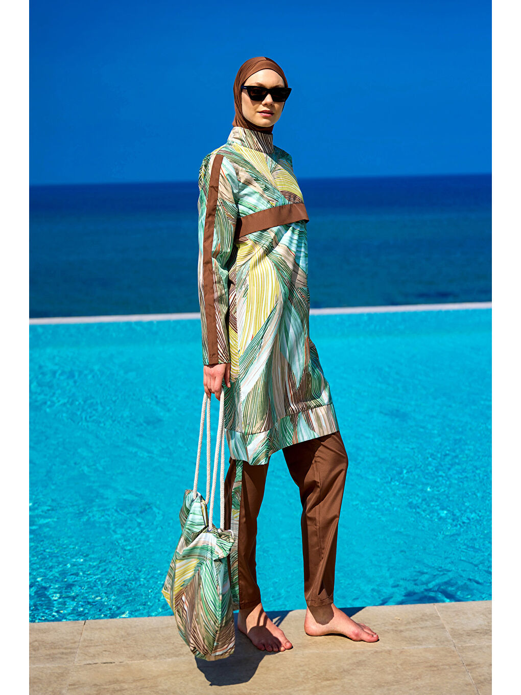 Haki Tam Kapalı Tesettür Mayo Plaj Çantalı 4 Parça Set R2512-3