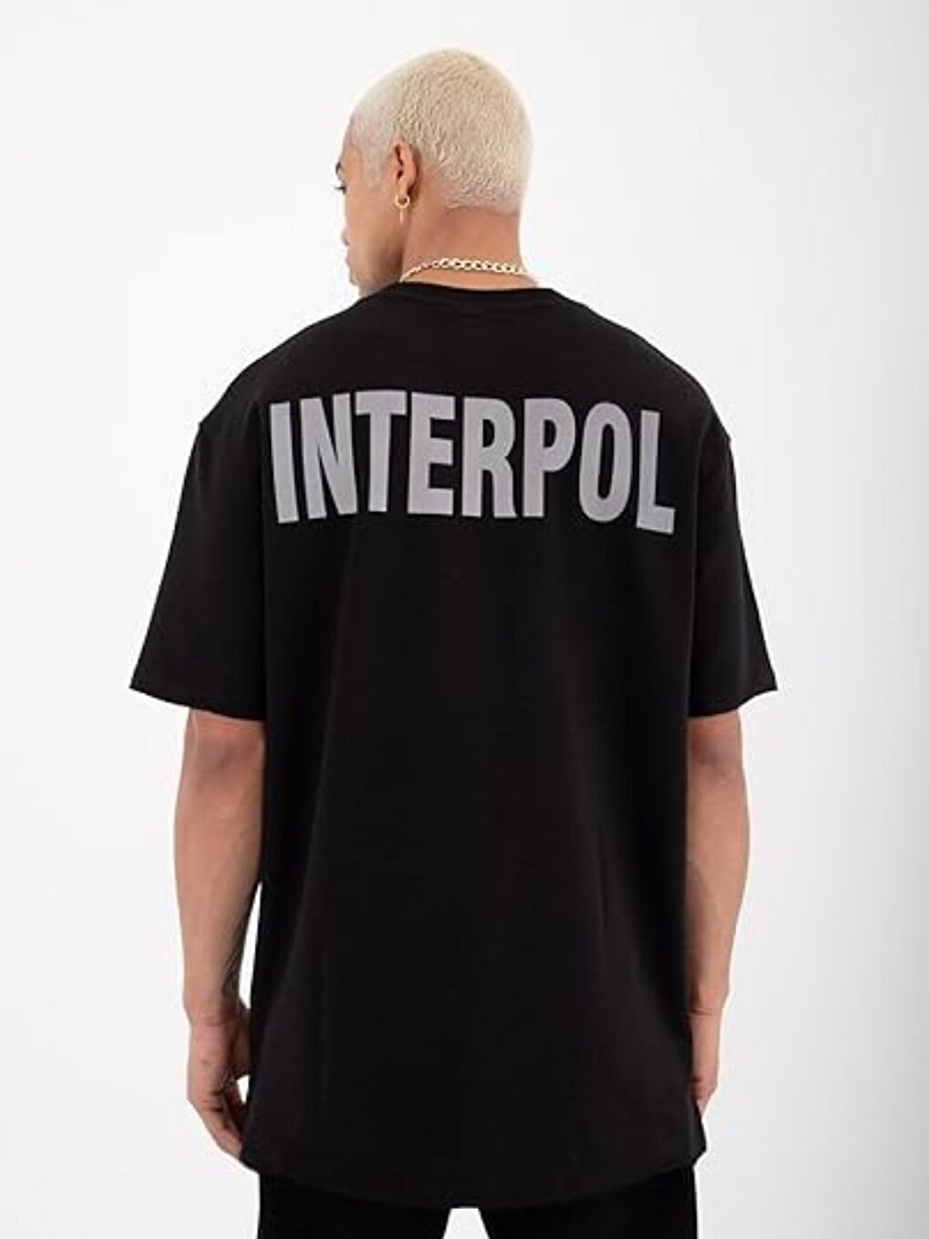 Erkek Siyah Interpol Baskı %100 Organik Pamuk Oversize Tişört-1