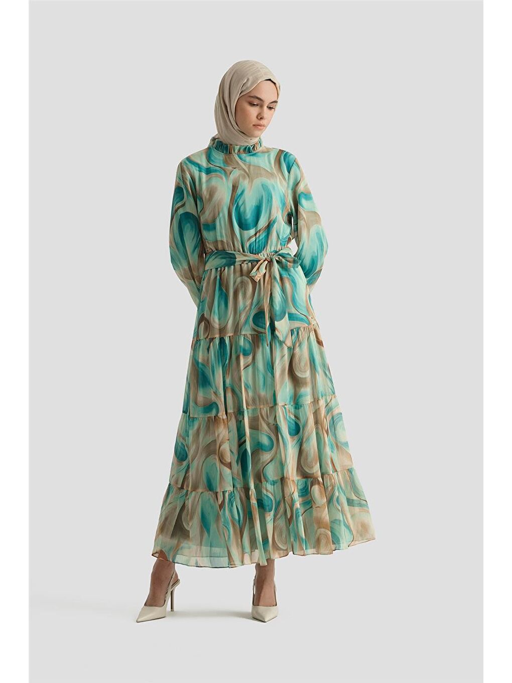 Yeşil Desenli Elbise 25Yd4019 Mavi-1