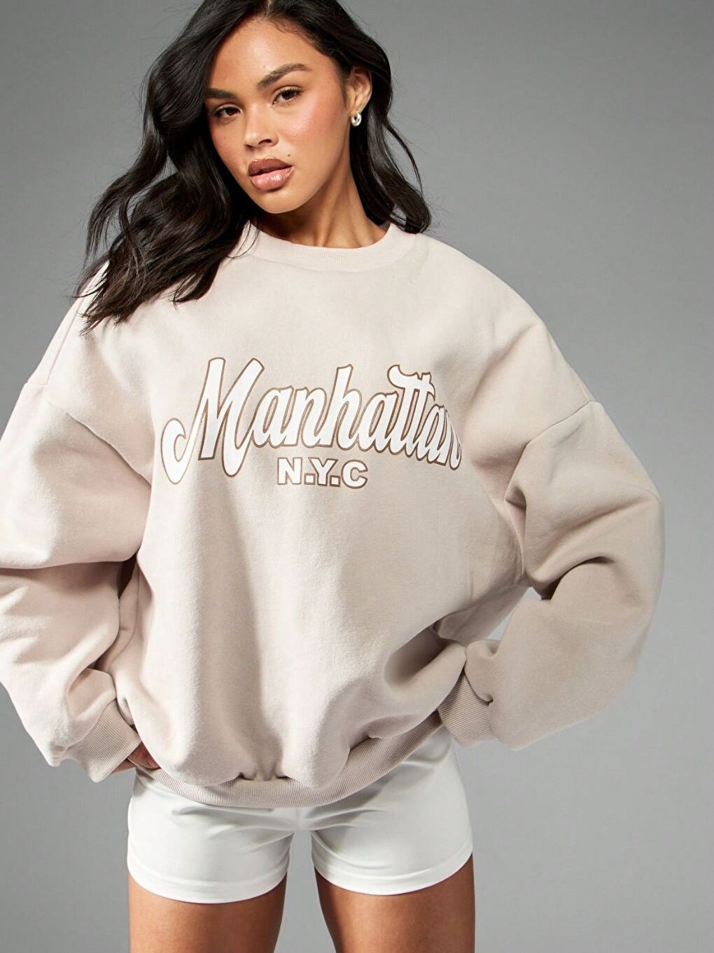 Kadın Bej Manhattan Nyc Baskılı Oversize Bisiklet Yaka Sweatshirt