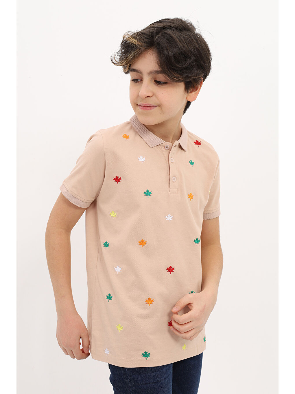 Bej Erkek Çocuk Nakışlı Tişört-1