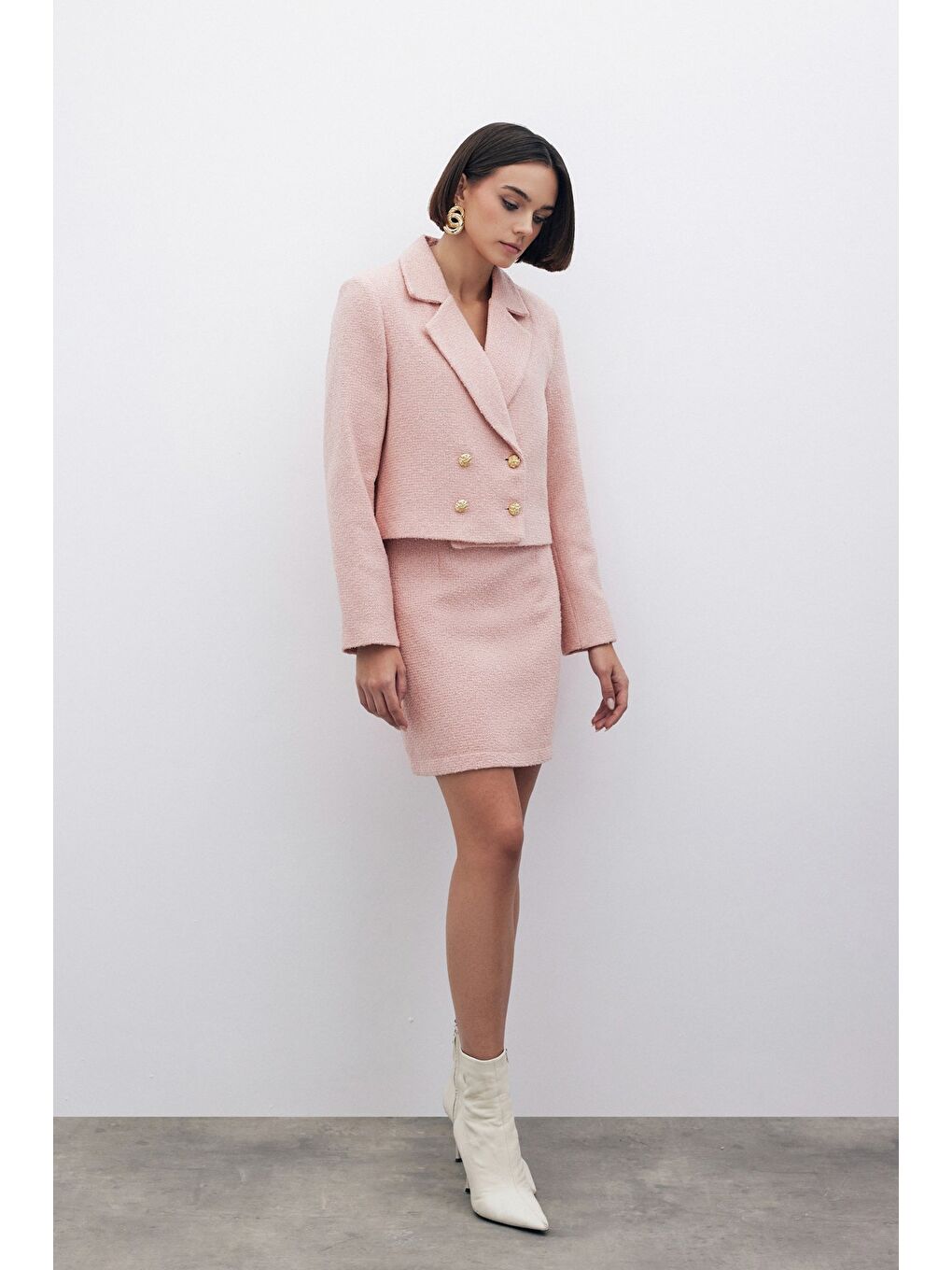 Pembe Simli Kısa Tüvit Ceket - Pudra