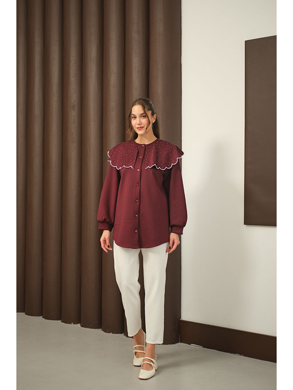 Kadın Yakası Taşlı Tunik Bordo-4