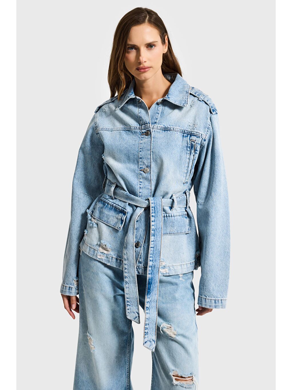 Mavi Kadın Ice 12s6-32 Oversize Kemer Detaylı Yırtık %100 Pamuk Denim Ceket-3