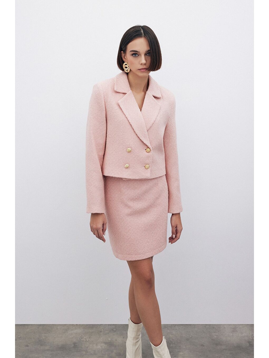 Pembe Simli Kısa Tüvit Ceket - Pudra-2