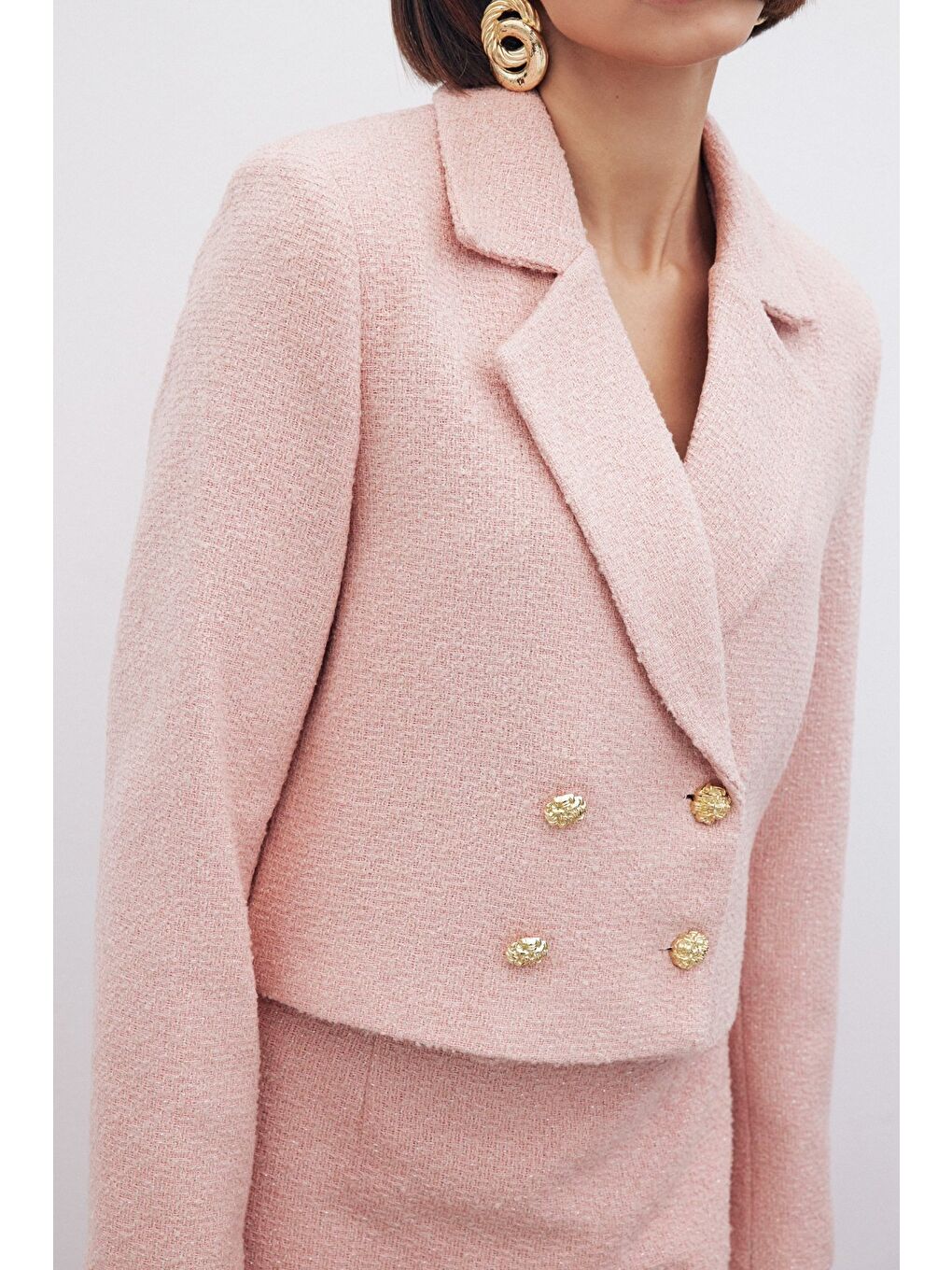 Pembe Simli Kısa Tüvit Ceket - Pudra-3