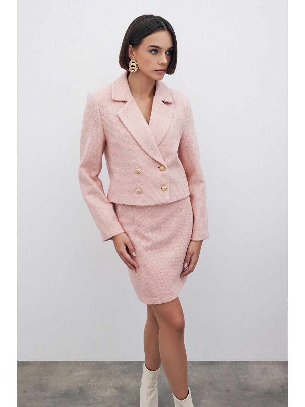 Pembe Simli Kısa Tüvit Ceket - Pudra-5