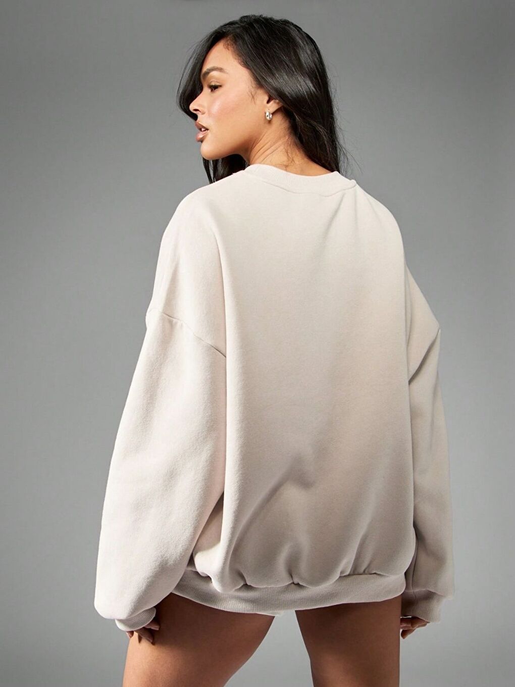 Kadın Bej Manhattan Nyc Baskılı Oversize Bisiklet Yaka Sweatshirt-2