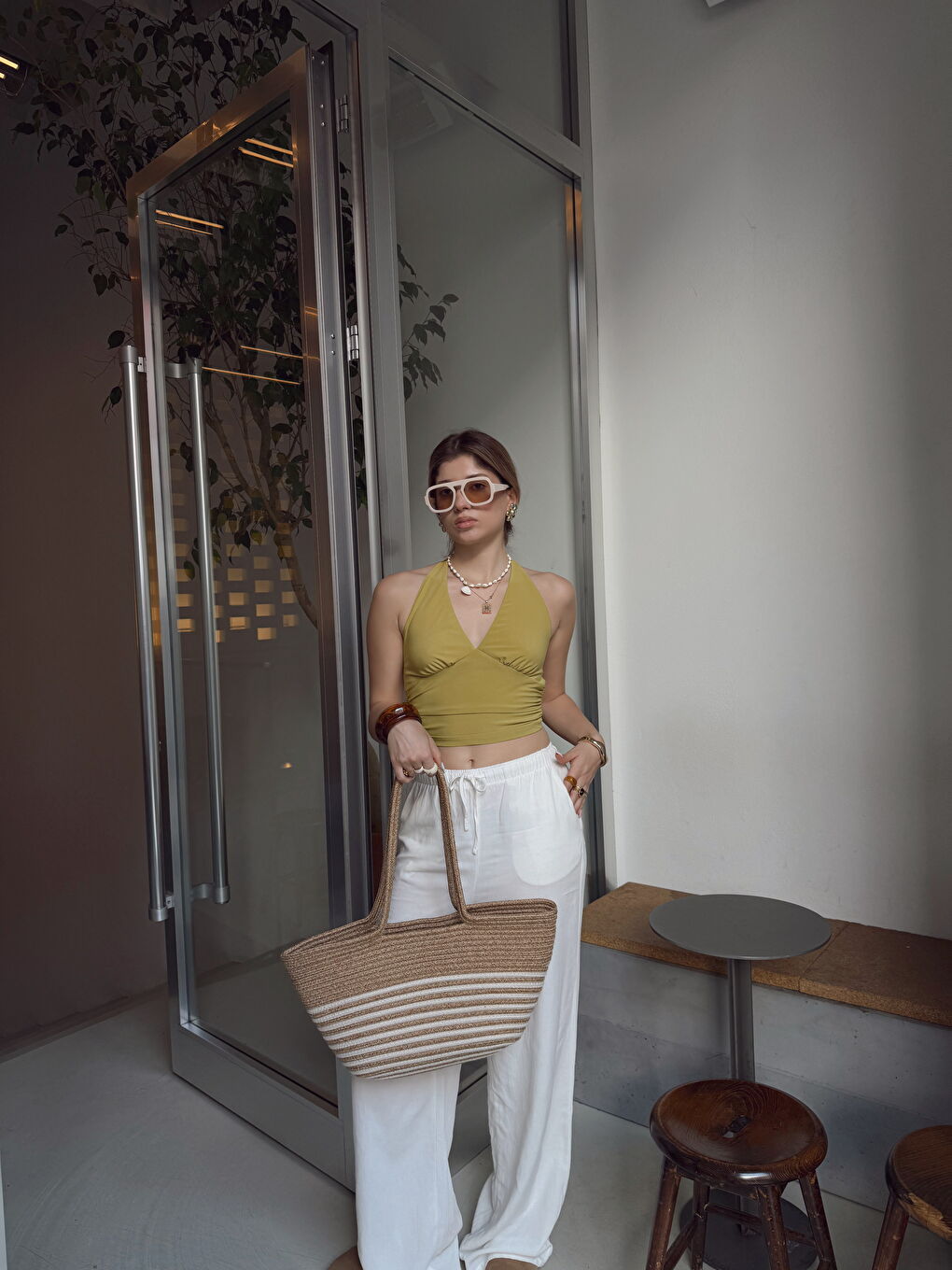 Bej Çizgi Desenli Uzun Plaj Askılı Kadın Omuz Çanta Straw Hasır-1