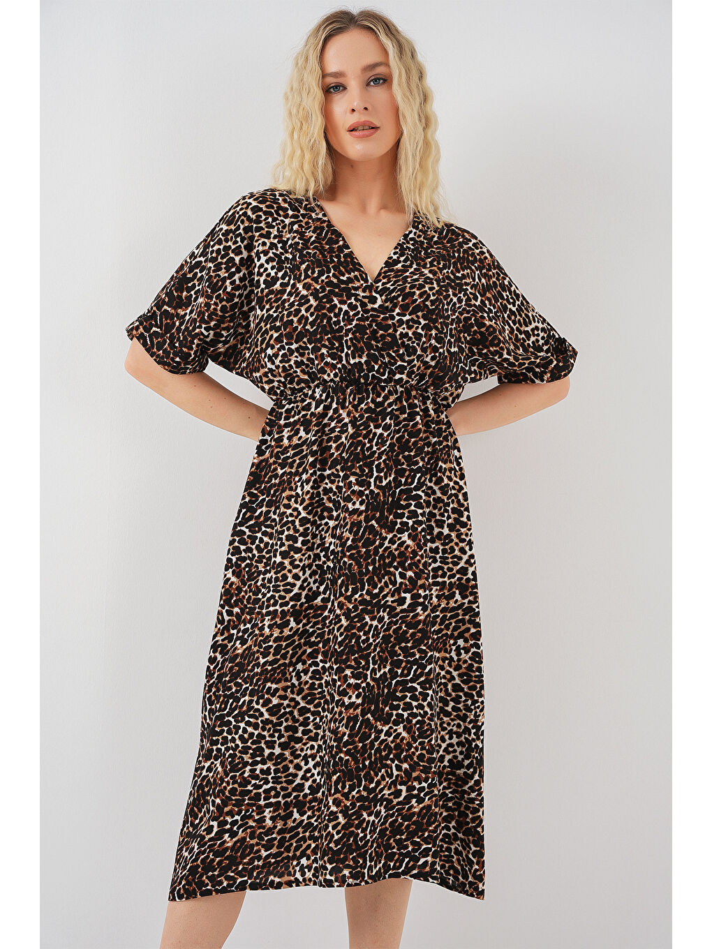 Kadın Desenli Kısa Kol Elbise 2569 - C. Kahverengi