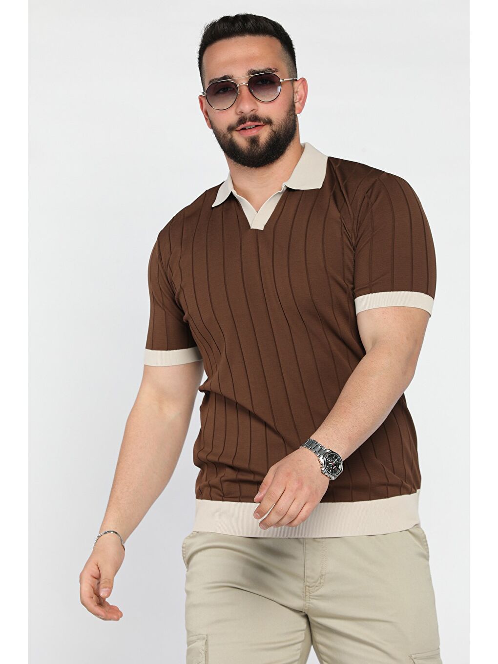 Kahverengi Erkek Polo Yaka Kendinden Çizgi Desenli Renk Garnili Triko Tişört