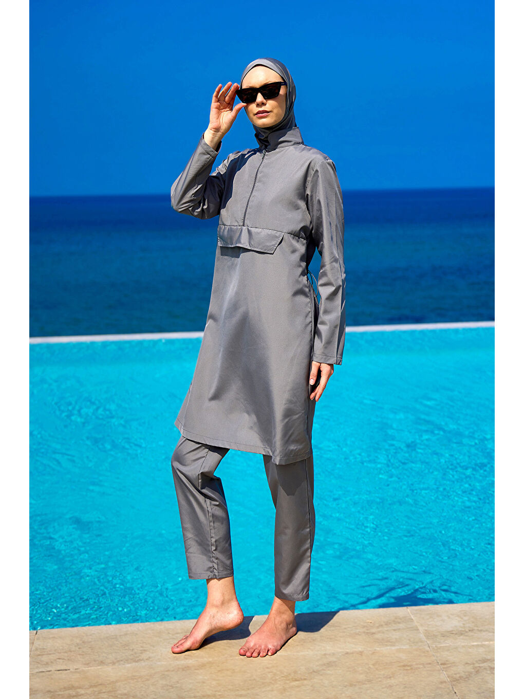 Gri Tesettür Mayo 3 Parça Takım Su İtici Tam Kapalı Mayo A2503-4