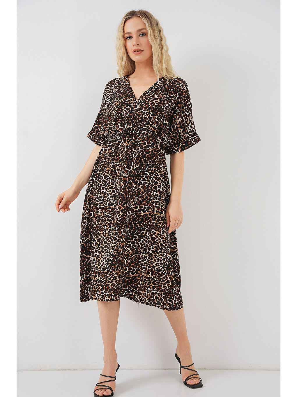 Kadın Desenli Kısa Kol Elbise 2569 - C. Kahverengi-1