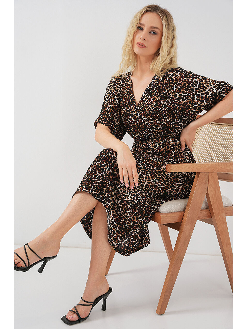 Kadın Desenli Kısa Kol Elbise 2569 - C. Kahverengi-2