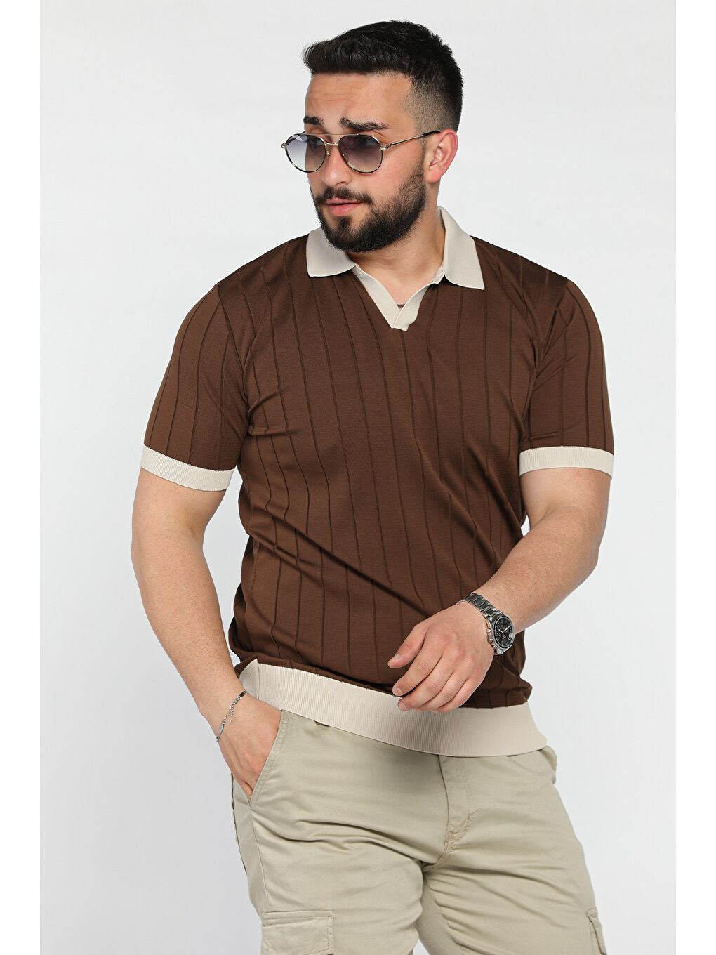 Kahverengi Erkek Polo Yaka Kendinden Çizgi Desenli Renk Garnili Triko Tişört-1