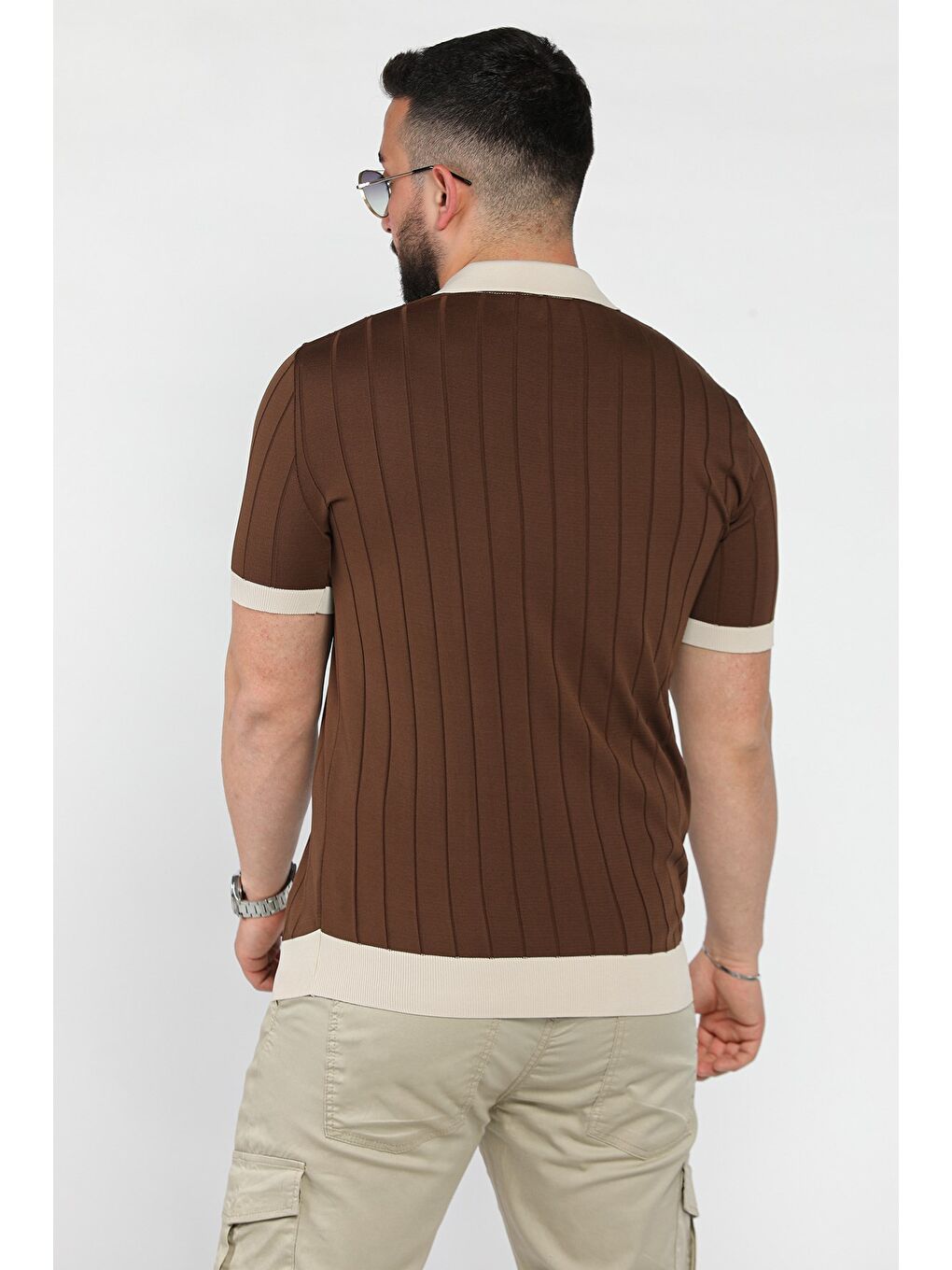 Kahverengi Erkek Polo Yaka Kendinden Çizgi Desenli Renk Garnili Triko Tişört-2