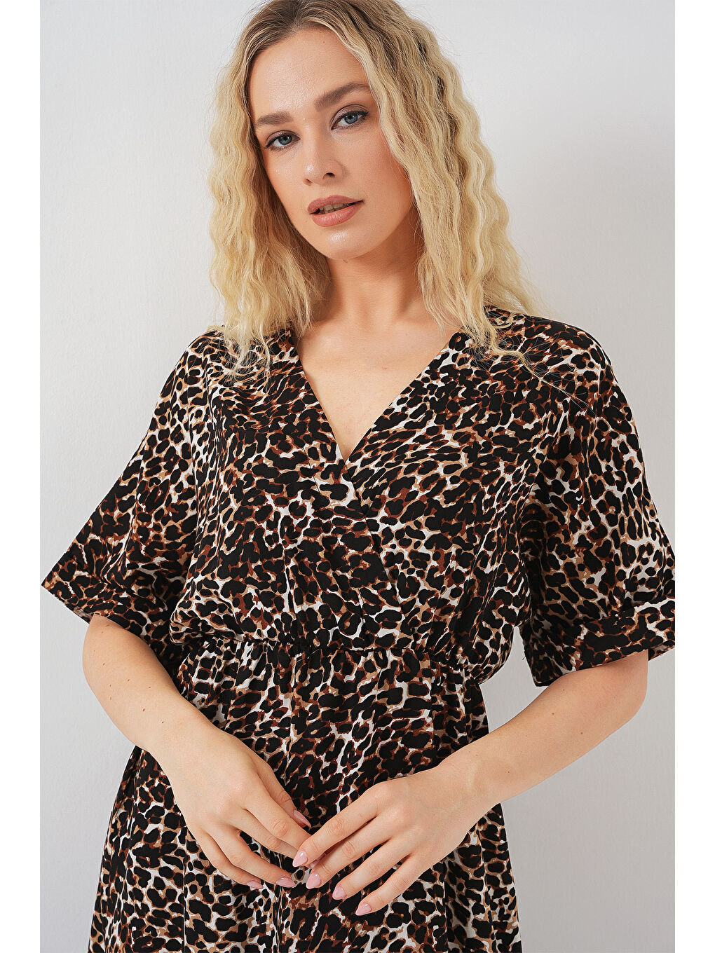 Kadın Desenli Kısa Kol Elbise 2569 - C. Kahverengi-3