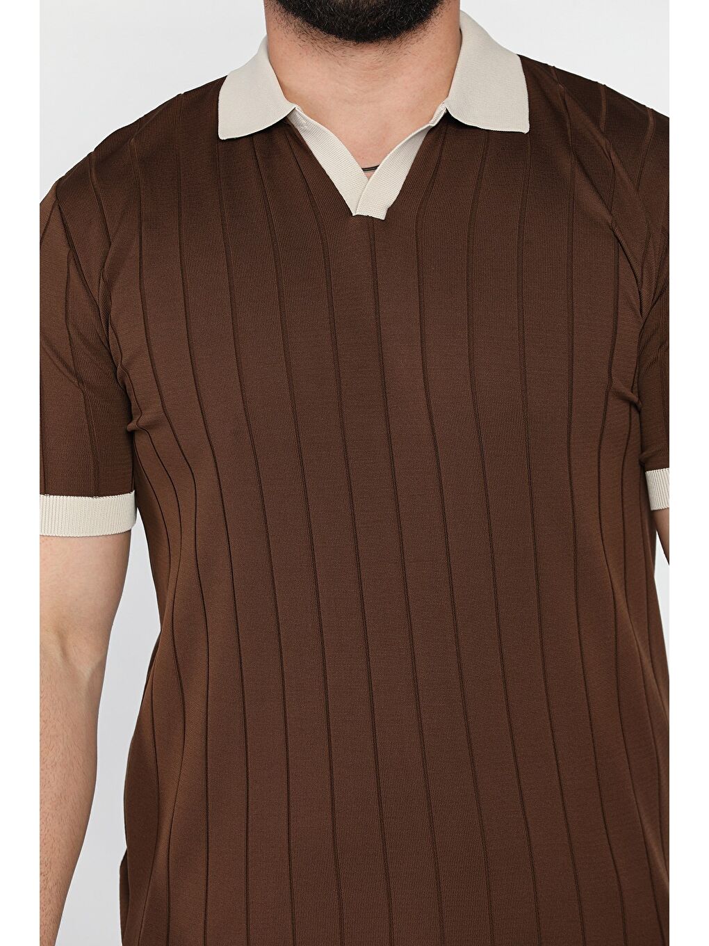 Kahverengi Erkek Polo Yaka Kendinden Çizgi Desenli Renk Garnili Triko Tişört-3