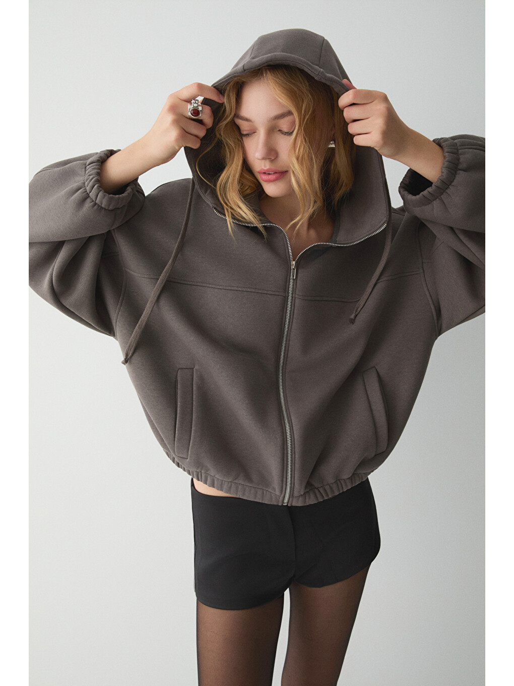 Valıt Kadın Çift Cepli Eteği Ve Kol Ucu Lastikli Fermuarlı Oversize Gri Sweatshirt-1