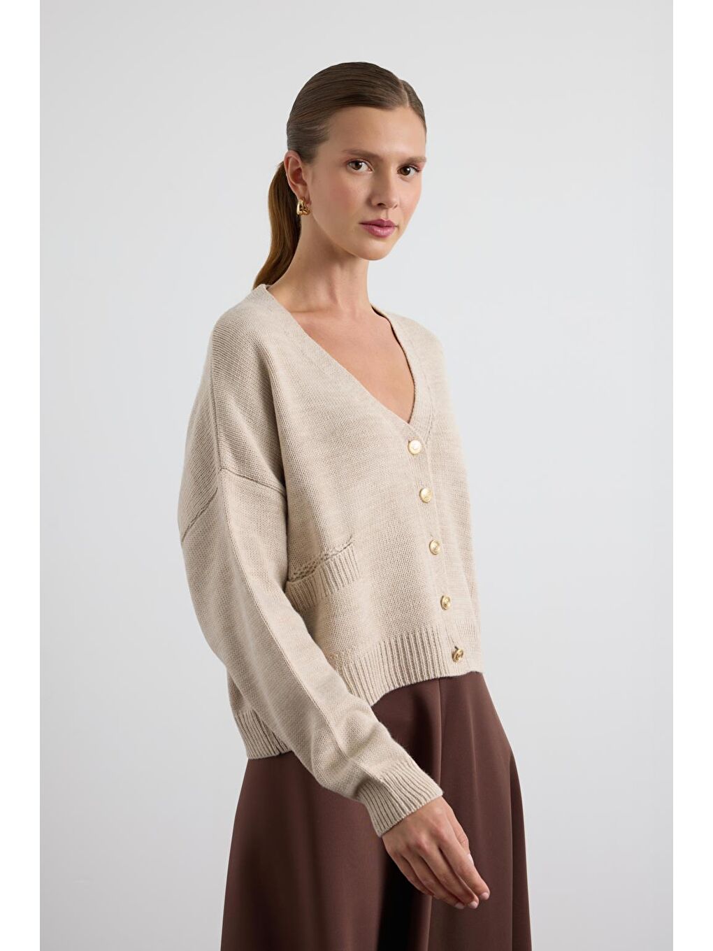 Bej Gold Düğmeli Triko Hırka Taş-1