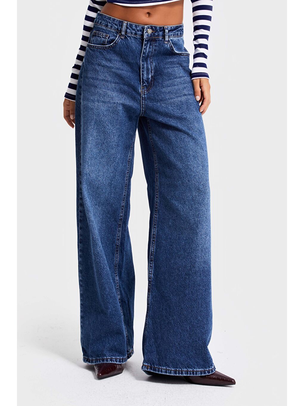 Kadın Koyu Mavi Renk 2w5-5 Süper Baggy Fit Bol Kesim Orta Bel %100 Pamuk Denim Jean-1