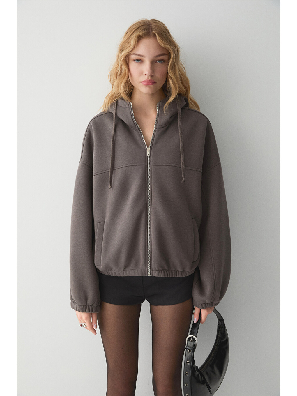 Valıt Kadın Çift Cepli Eteği Ve Kol Ucu Lastikli Fermuarlı Oversize Gri Sweatshirt-2
